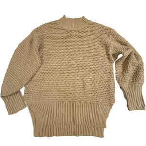 Women’s small solid beige high neck knit sweater; fisherman knit